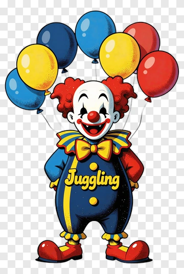 Cartoon Clown Juggling Colorful Balloons PNG