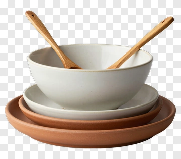 Stacked Bowls And Plates With Wooden Spoons PNG