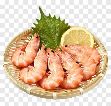 Shrimp On A Bamboo Plate With Lemon And Leaf PNG
