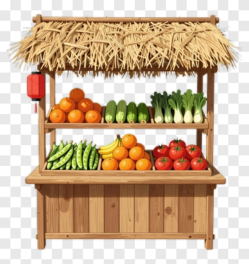 Wooden Vegetable Stand With Fresh Produce PNG