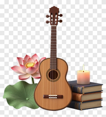 Guitar With Lotus Flower And Books PNG