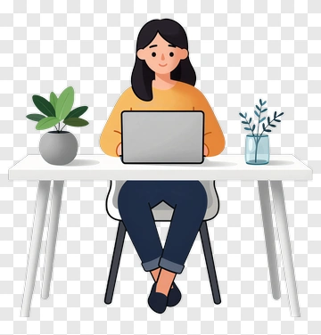 Cartoon Woman Working At A Desk With Plants PNG