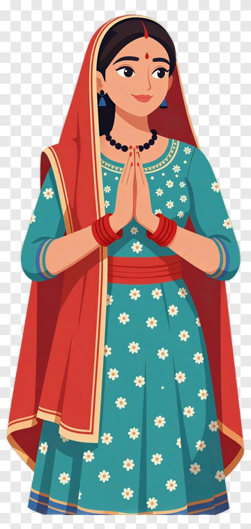 Woman In Traditional Indian Attire With Hands In Prayer PNG