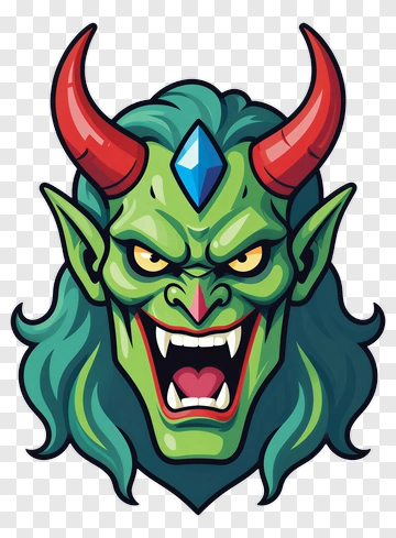 Cartoon Green Demon Head With Horns PNG