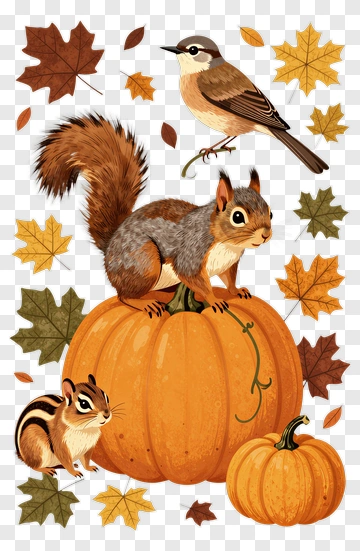 Squirrel On A Pumpkin With Autumn Leaves PNG