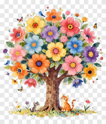 Colorful Tree With Flowers And Cats PNG
