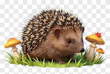3D Hedgehog Among Mushrooms PNG
