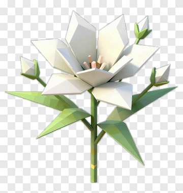 3D White Flower With Green Leaves PNG