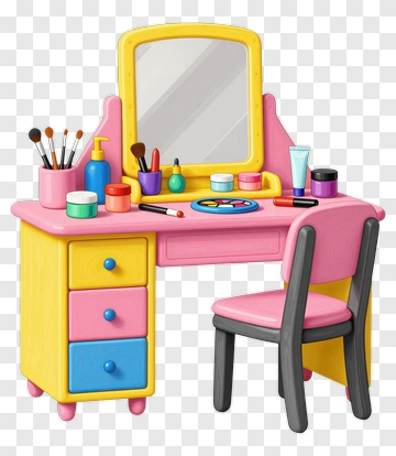 Colorful Makeup Vanity With Mirror And Chair PNG