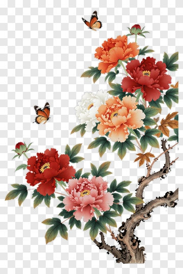 Colorful Peony Flowers With Butterflies PNG