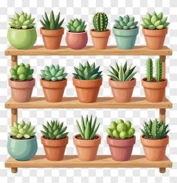 Colorful Succulent Plants In Pots On A Wooden Shelf PNG