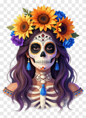 Colorful Day Of The Dead Skull Woman With Flowers PNG