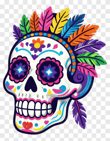 Colorful Sugar Skull With Feathers PNG