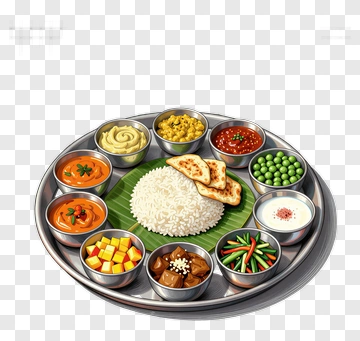 Indian Thali With Rice And Various Dishes PNG