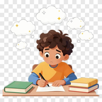 Student Writing With Books And Thought Clouds PNG