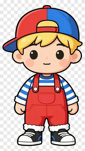 Cartoon Boy In Red Overalls And Cap PNG