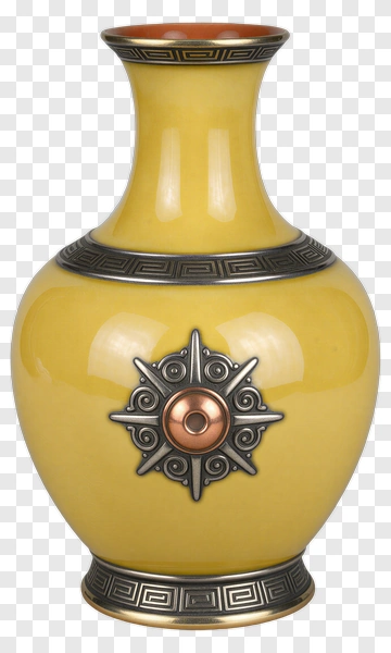 Decorative Yellow Vase With Metal Design PNG