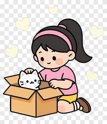 Girl Playing With A Cat In A Box PNG
