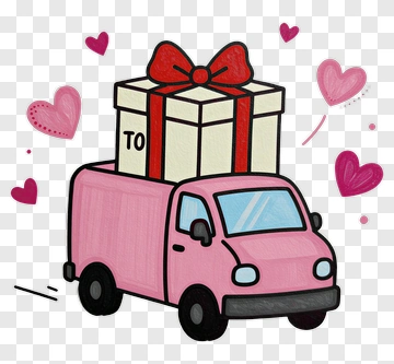 Cartoon Delivery Truck With Gift Box And Hearts PNG