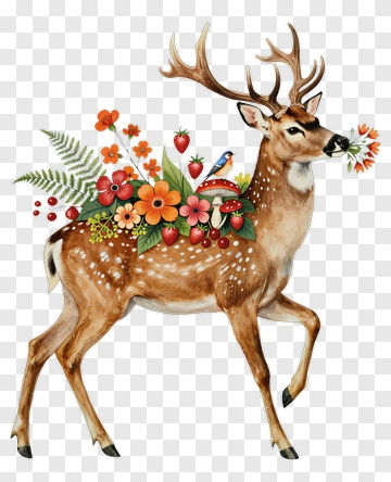 Deer With Flowers And Ferns PNG