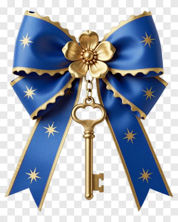 Blue Ribbon Bow With Key And Flower PNG