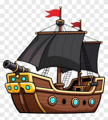 Cartoon Pirate Ship With Black Sails PNG