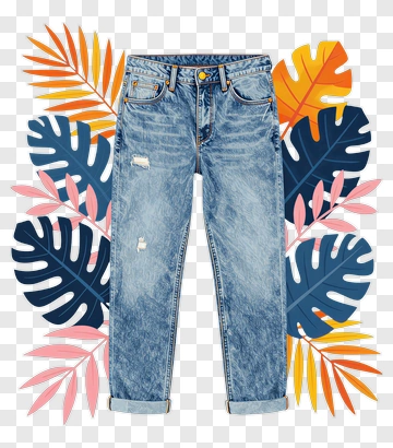 Denim Jeans With Tropical Leaves Background PNG