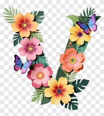 Colorful Floral Letter V With Butterflies PNG