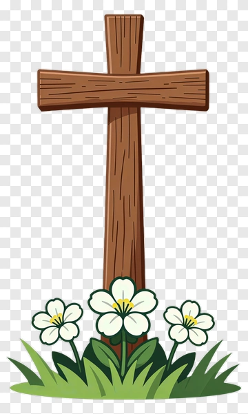 Wooden Cross Surrounded By White Flowers PNG