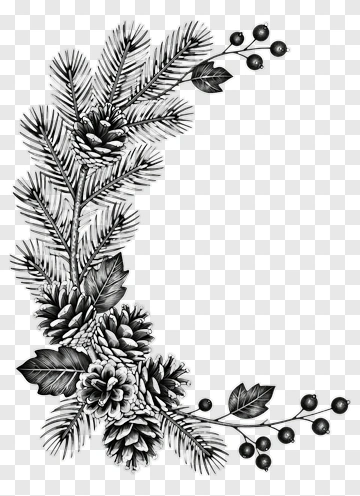 Black And White Pine Cone And Leaf Arrangement PNG