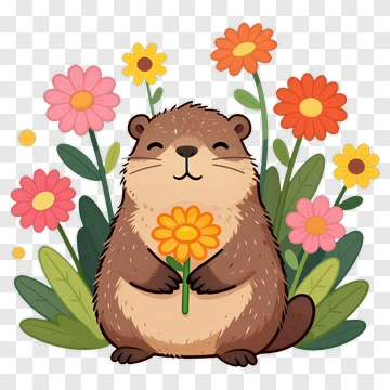 Cartoon Otter Holding A Flower Surrounded By Colorful Flowers PNG