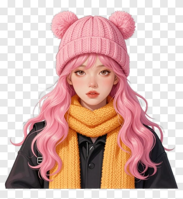 Young Woman With Pink Hair And Pom Pom Hat PNG