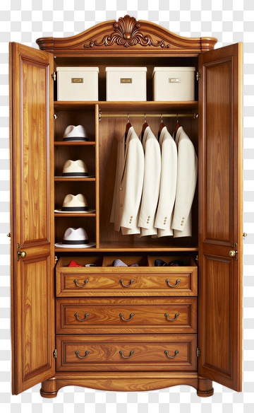 Wooden Wardrobe With Suits And Hats PNG