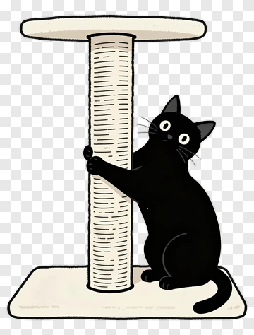 Cartoon Black Cat Climbing A Scratching Post PNG