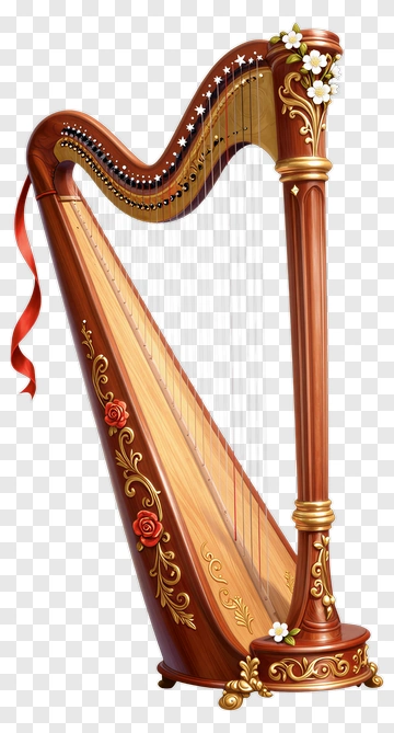 Ornate Harp With Floral Decorations PNG
