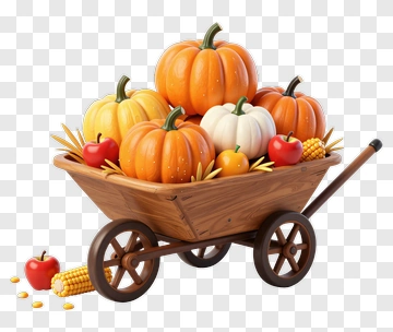 Colorful Pumpkin Wheelbarrow With Apples And Corn PNG