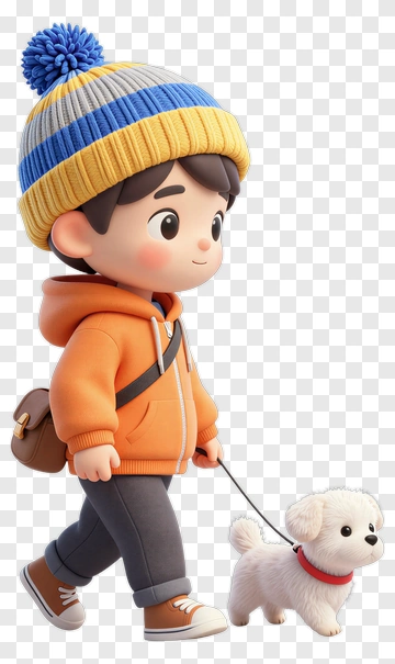 Cartoon Boy Walking A Puppy PNG