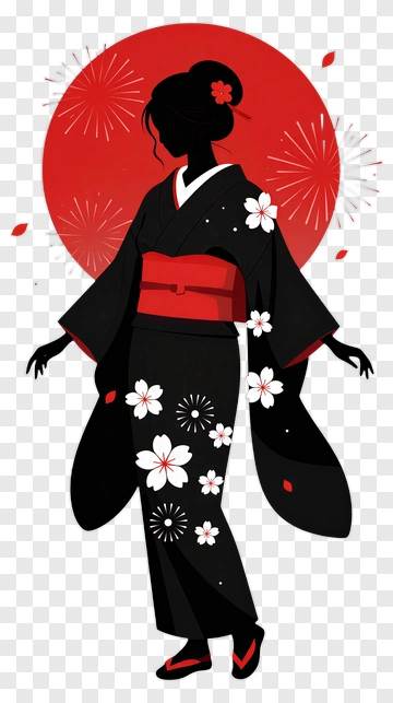 Silhouette Of A Woman In A Kimono With Cherry Blossoms PNG