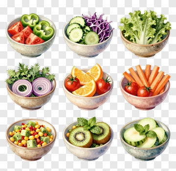Colorful Salad Bowls With Fresh Vegetables And Fruits PNG