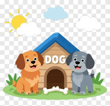 Cartoon Dogs Sitting By A Dog House PNG