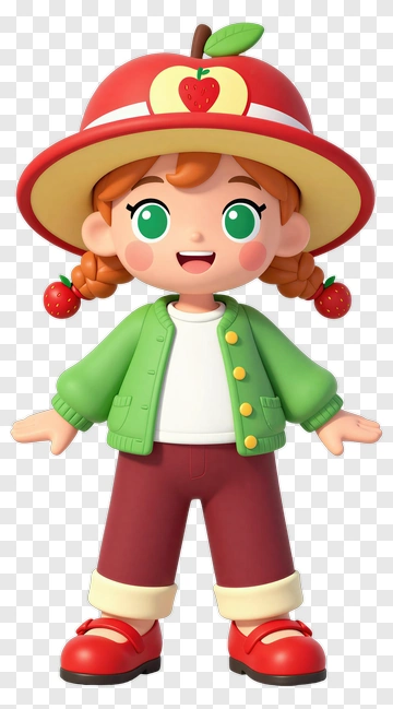 Cartoon Girl In Strawberry Hat And Green Jacket PNG