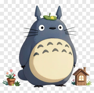 Cartoon Totoro With Flower Pot And House PNG