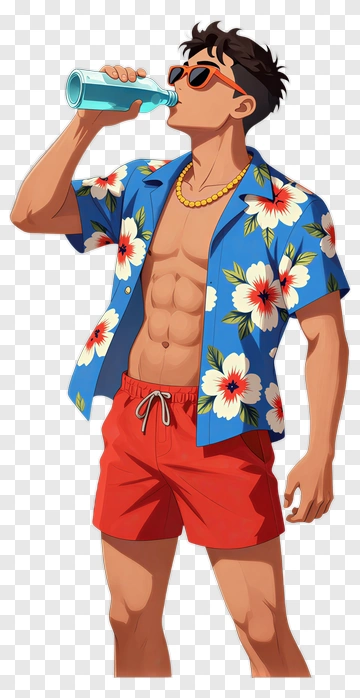 Man Drinking Water In A Floral Shirt PNG