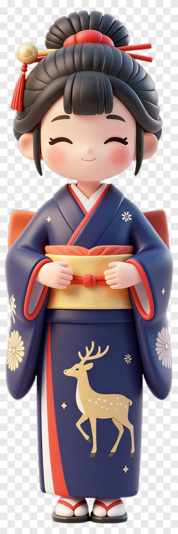 Cartoon Girl In Kimono With Deer Design PNG