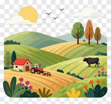 Colorful Farm Landscape With Tractor And Cow PNG