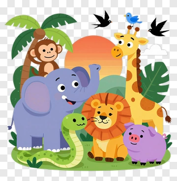 Cartoon Jungle Animals With Sunset Background PNG