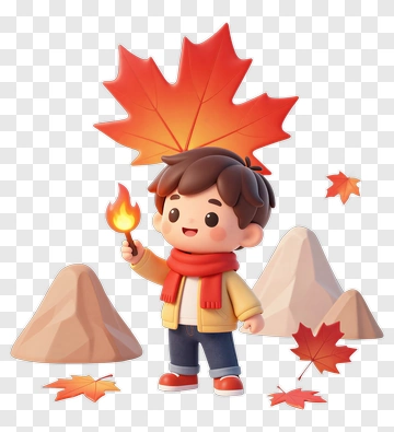 Cartoon Boy Holding A Flame With Autumn Leaves PNG
