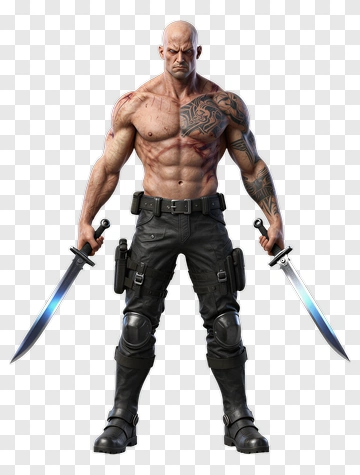 Muscular Man Holding Two Swords PNG