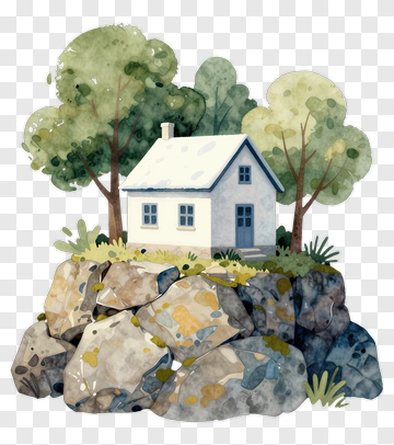 Watercolor House On A Rocky Outcrop PNG