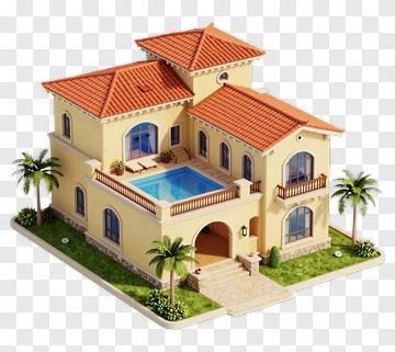 3D Villa With Swimming Pool And Palm Trees PNG